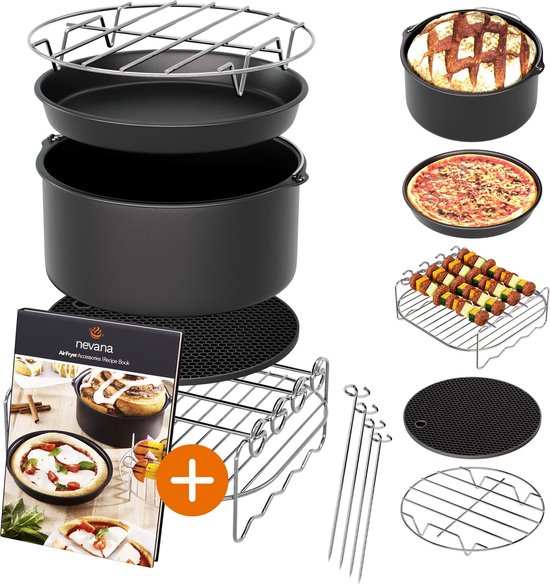Nevana Airfryer Accessoires Set - Voor Airfryer XL/XXL - Vaatwasmachinebestendig - Inclusief Kookboek en Bakvorm Ø 20cm - Zwart/Zilver