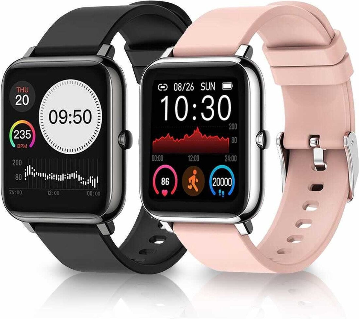 MM Brands Smartwatch Dames en Heren - Waterdicht - Zwart en Roze Bandje