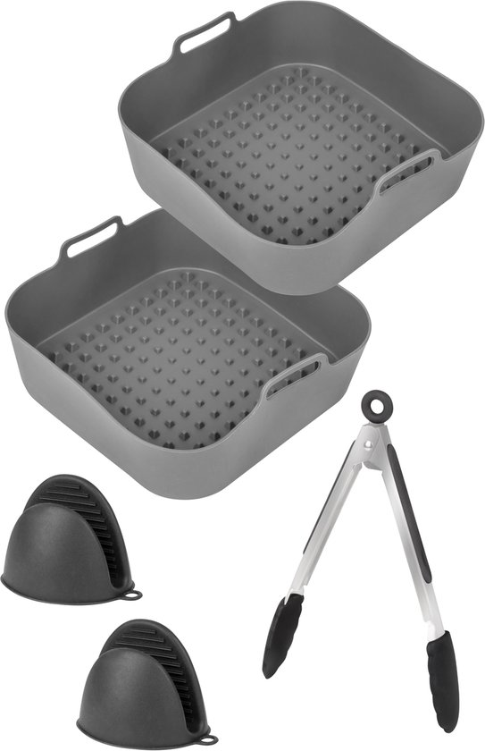 AoraKitchen Airfryer Bakjes Siliconen - 20cm - 5 Delig - Airfryer Accessoires - Incl. Wanten & Tang