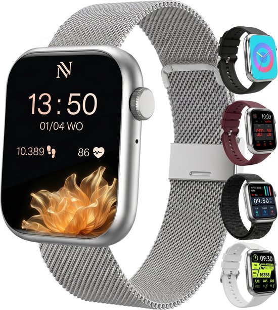 Nuvance Smartwatch Dames - Smartwatch Heren - Stappenteller Horloge Dames - Hartslagmeter - Sporthorloge - Geschikt voor iOS/Android - AMOLED - Incl. 5 Bandjes - Zilver