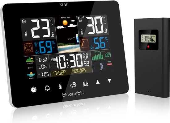 Bloomfold Weerstation - Hygrometer - Luchtvochtigheidsmeter - Thermometer voor binnen - Weersvoorspelling - Datum & Klok