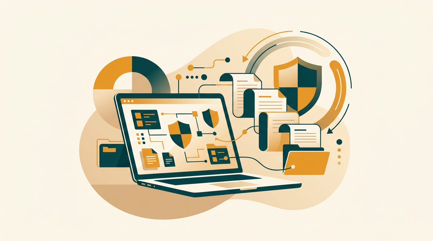 a symbolic illustration of a digital shield protecting a family photo, a work document, and a laptop from abstract digital threats