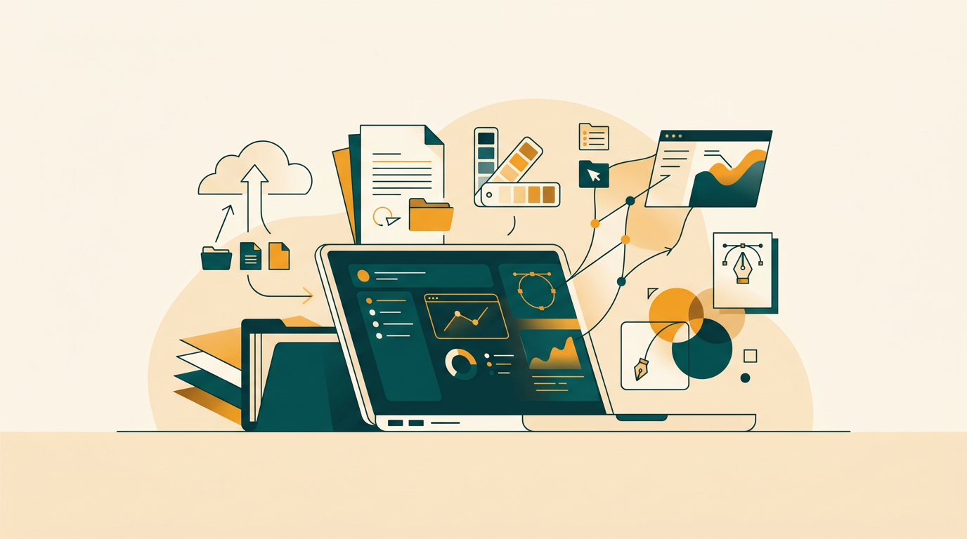 a collection of finished creative projects like a birthday invitation, a small business logo, and a social media post arranged neatly on a digital desktop