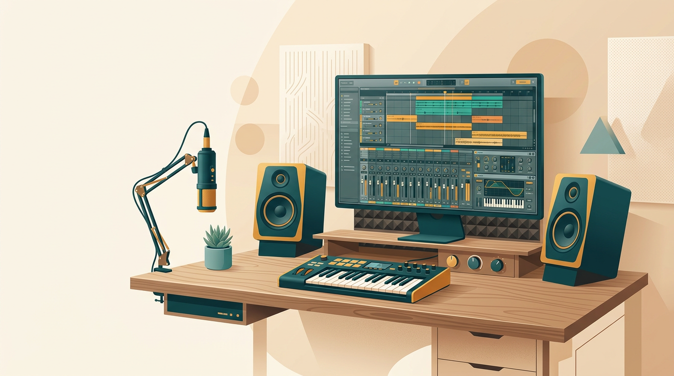 a modern music production studio desk with studio monitors, midi keyboard, and digital audio workstation software displaying complex mixer tracks and synths