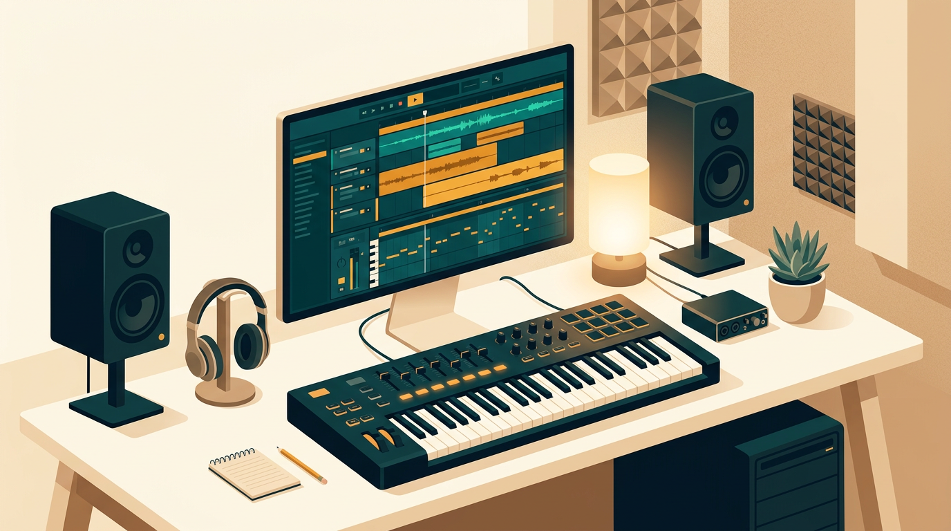 a bright clean music producer desk with midi keyboard, studio monitors, glowing audio sequencer screen, warm studio light