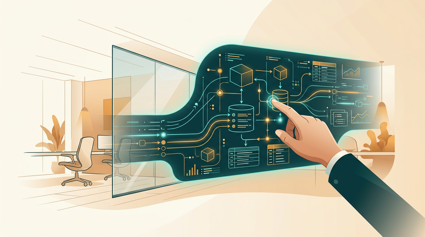 a person's hand interacting with a holographic interface showing complex database structures and data flow, futuristic office setting