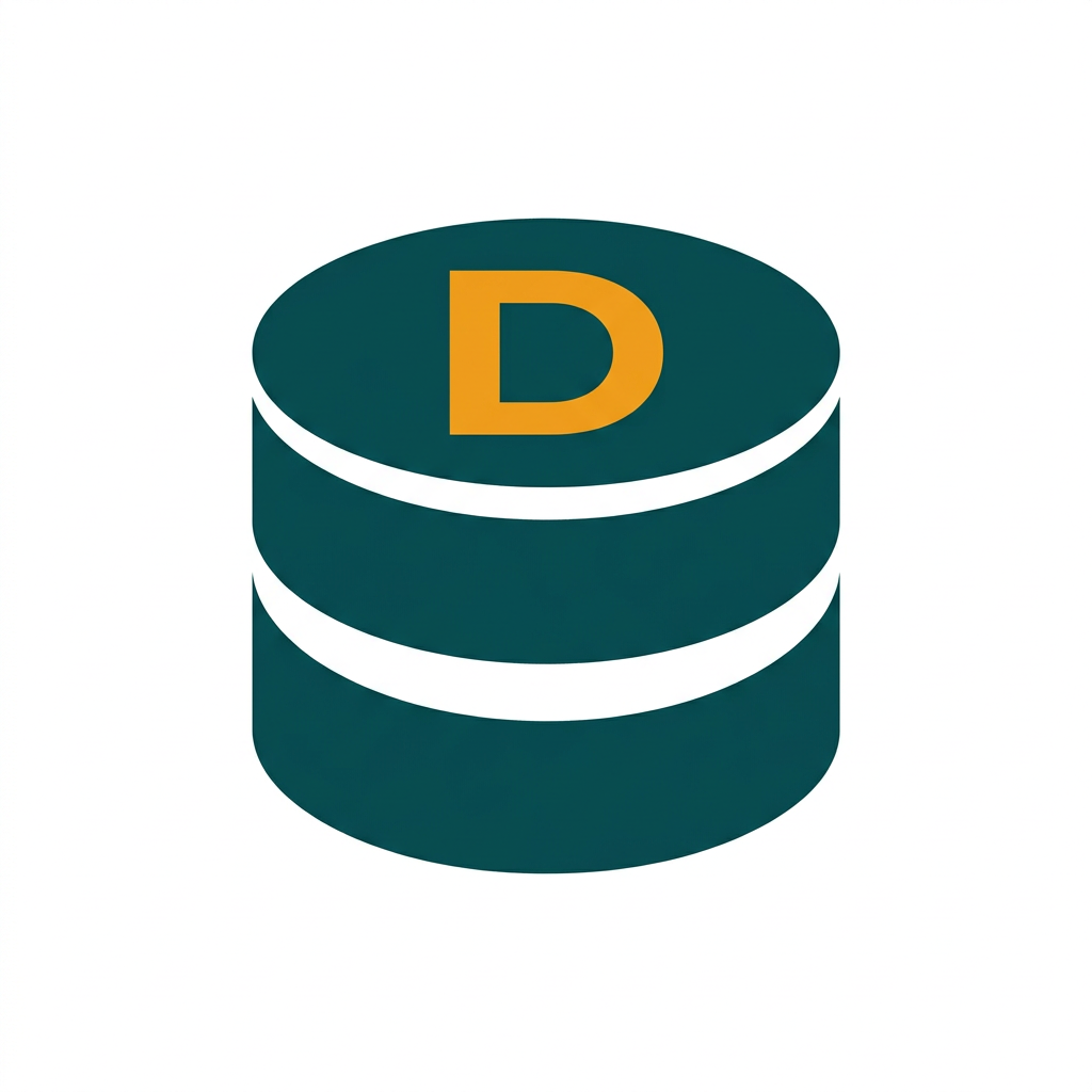 a small database icon with a prominent "D" inside, abstract and modern