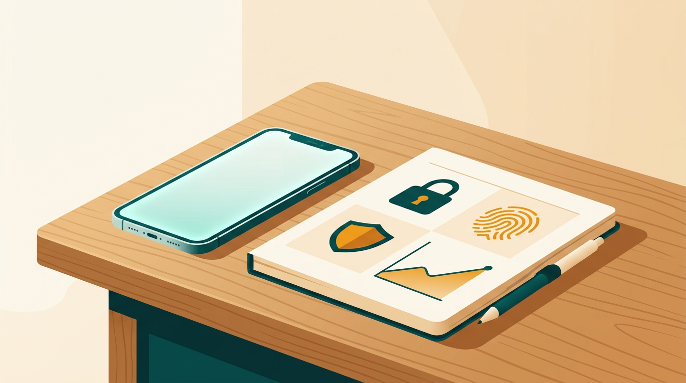 a modern smartphone resting on a wooden desk next to a notebook displaying security status icons