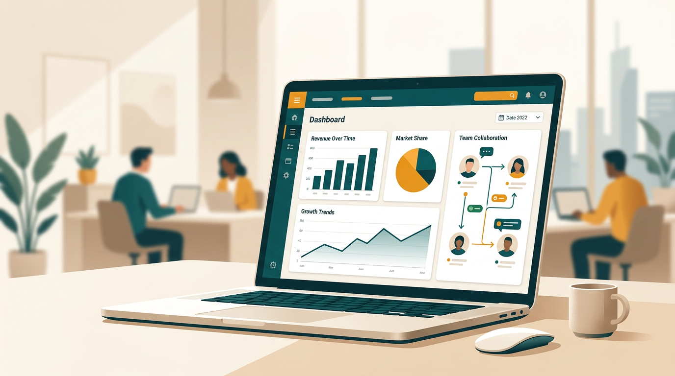 a clean, modern business dashboard on a laptop screen, showing charts and team collaboration icons, with a blurred office background