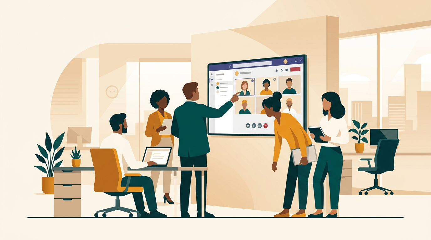 a diverse team collaborating in a bright, modern office space, one person pointing at a large screen displaying a Microsoft Teams video call