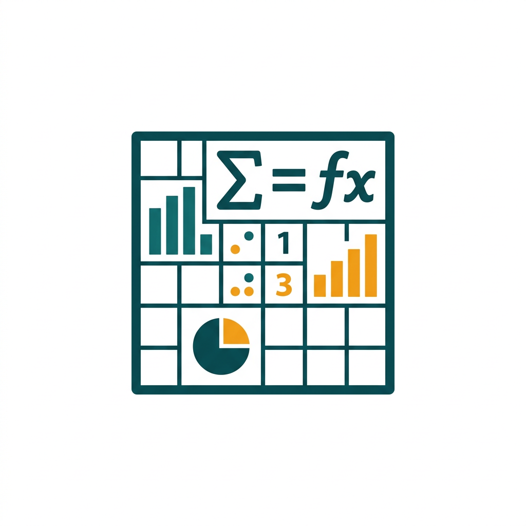 a spreadsheet grid with cells, charts, and formula symbols