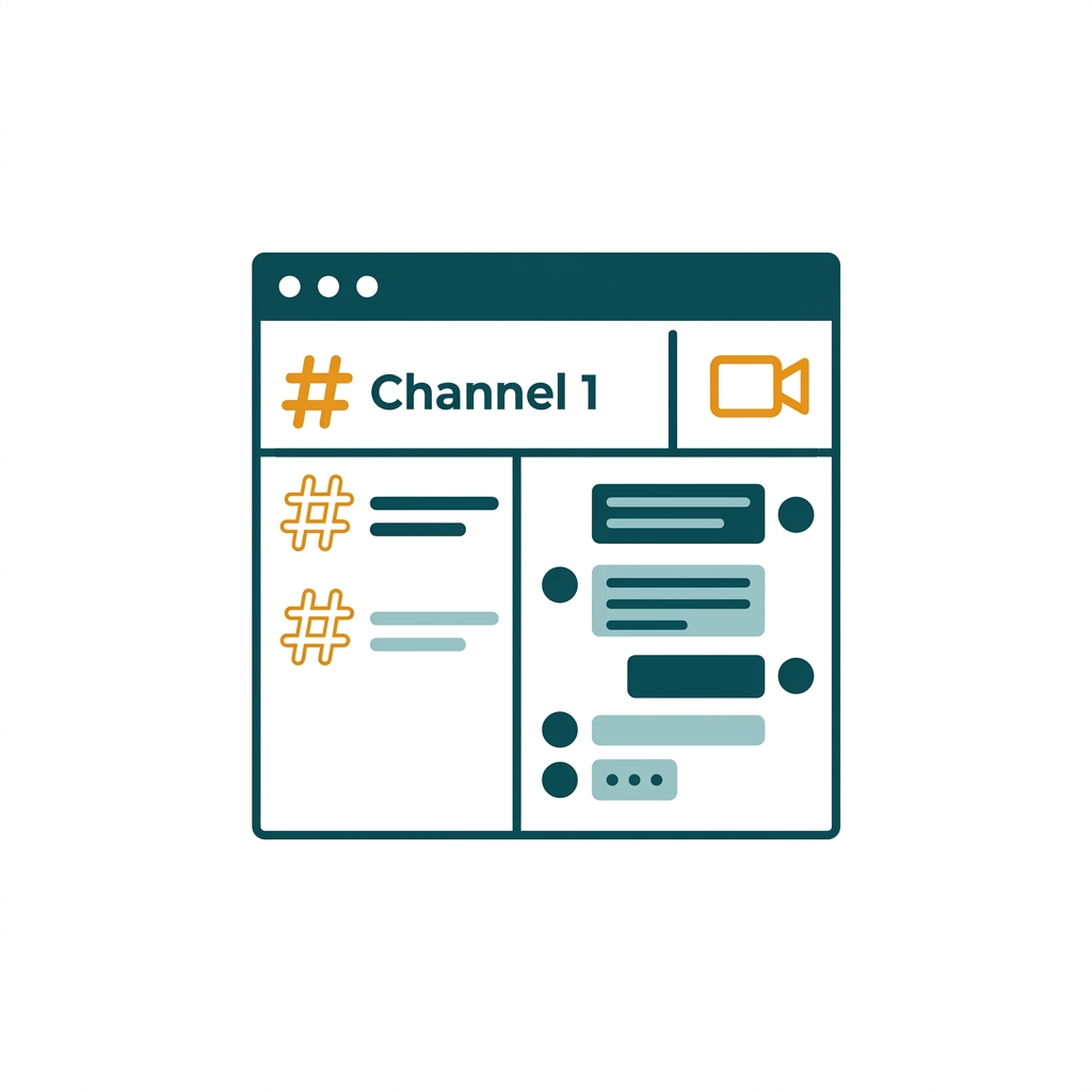 a collaboration app interface with team chat channels and video call icons