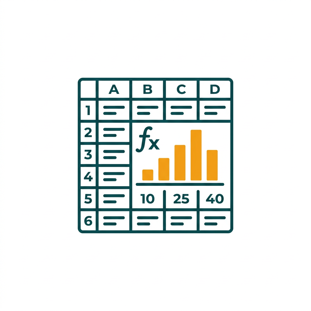 a spreadsheet grid with cells, charts, and formula symbols