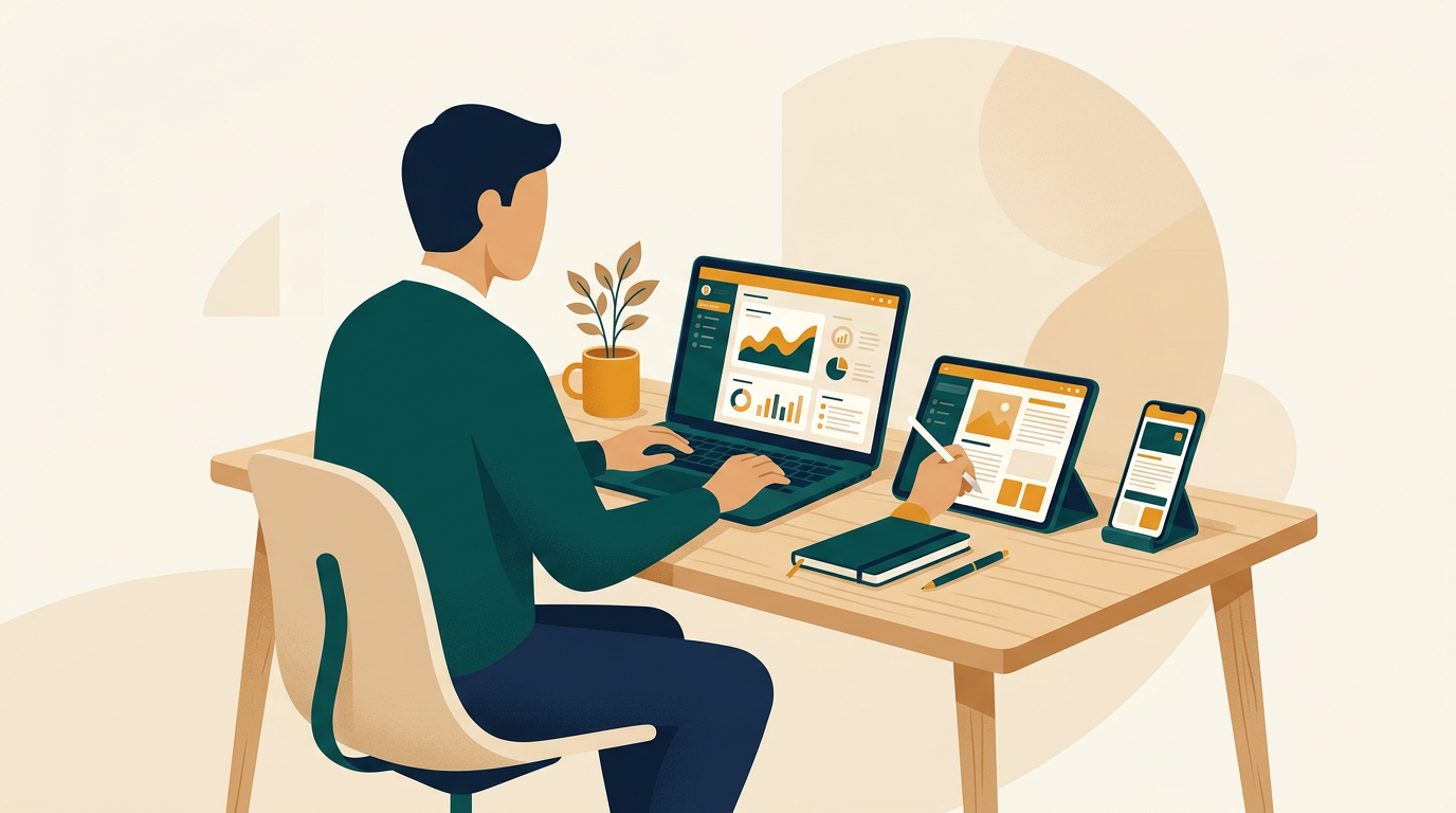 a person sitting at a clean desk, working on a laptop, tablet, and smartphone simultaneously, all showing a consistent office application interface
