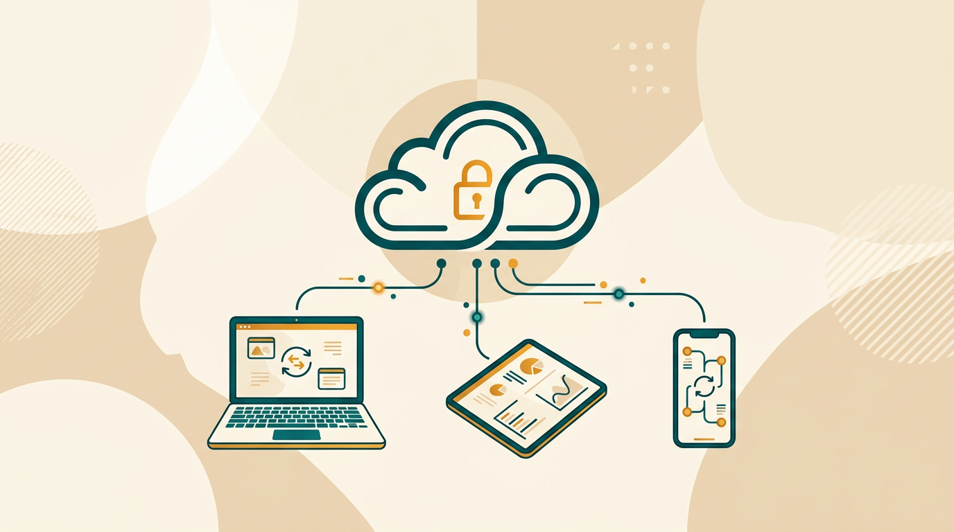 a secure cloud symbol connected by lines to a laptop, a tablet, and a phone, representing seamless data synchronization