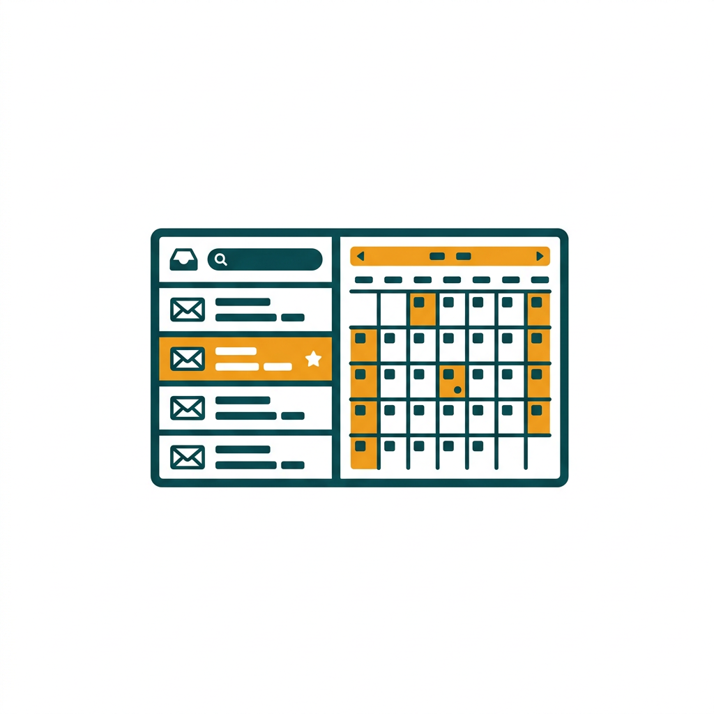 an email client interface showing an inbox and a calendar view side-by-side