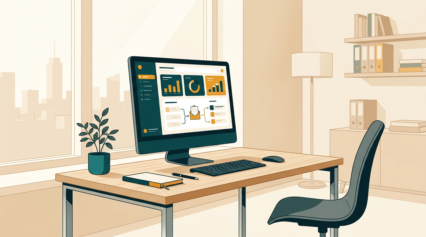 a clean industrial office desk with a desktop computer showing an email server dashboard, daylight from window, wide angle