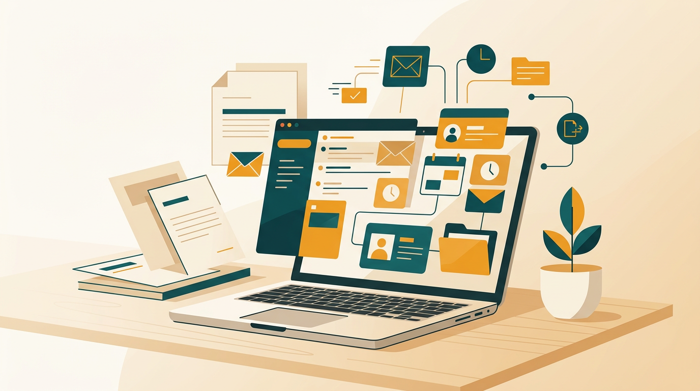 an abstract illustration of a person at a desk organizing digital icons representing email, calendar, and contacts, symbolizing efficient management and productivity