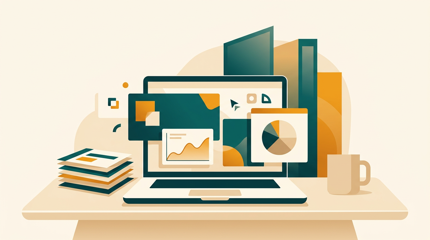 a clean presentation slide on a laptop screen, showing a bar chart and minimal text, office environment in the background, soft focus