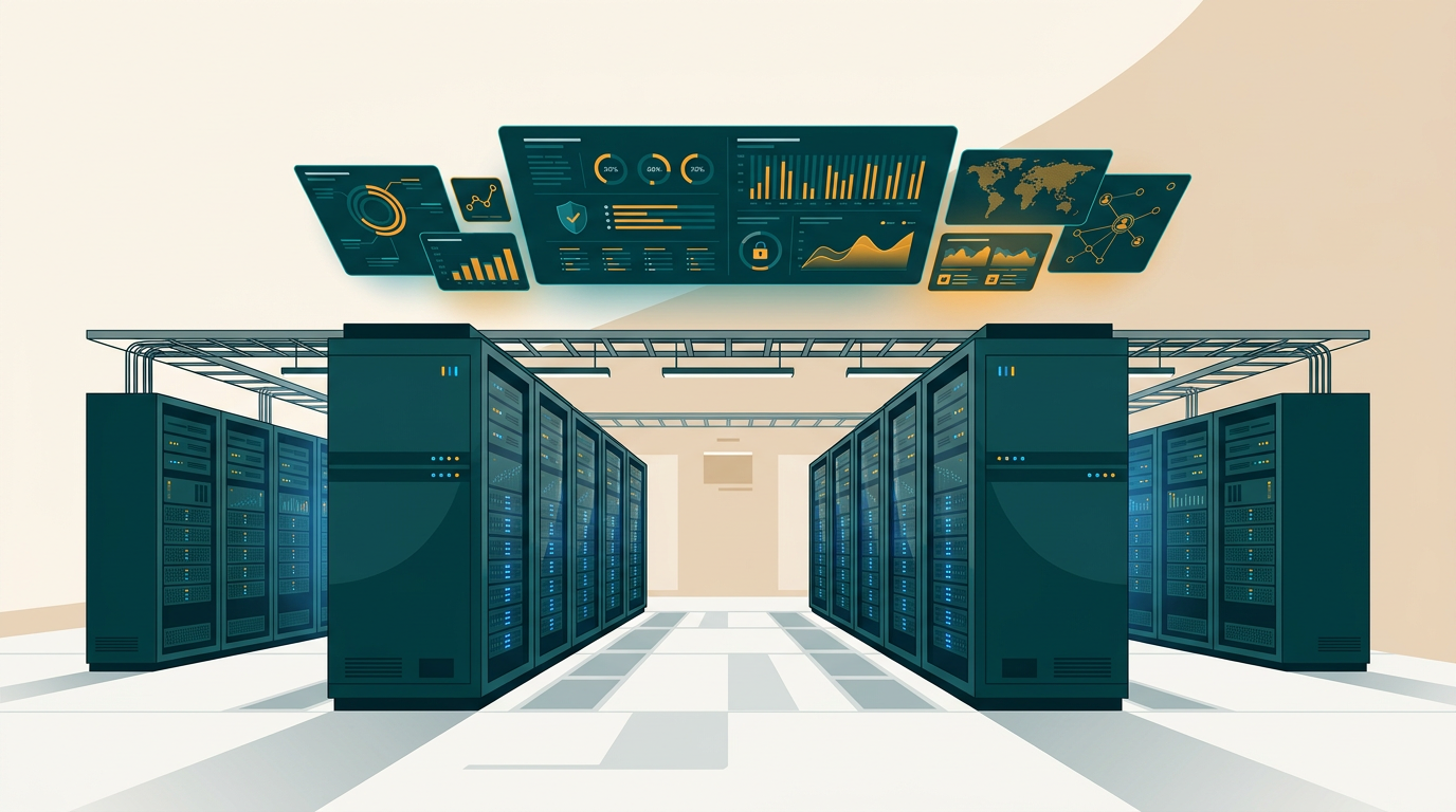 a secure high performance enterprise server room with glowing blue server racks and analytical dashboard graphics overhead