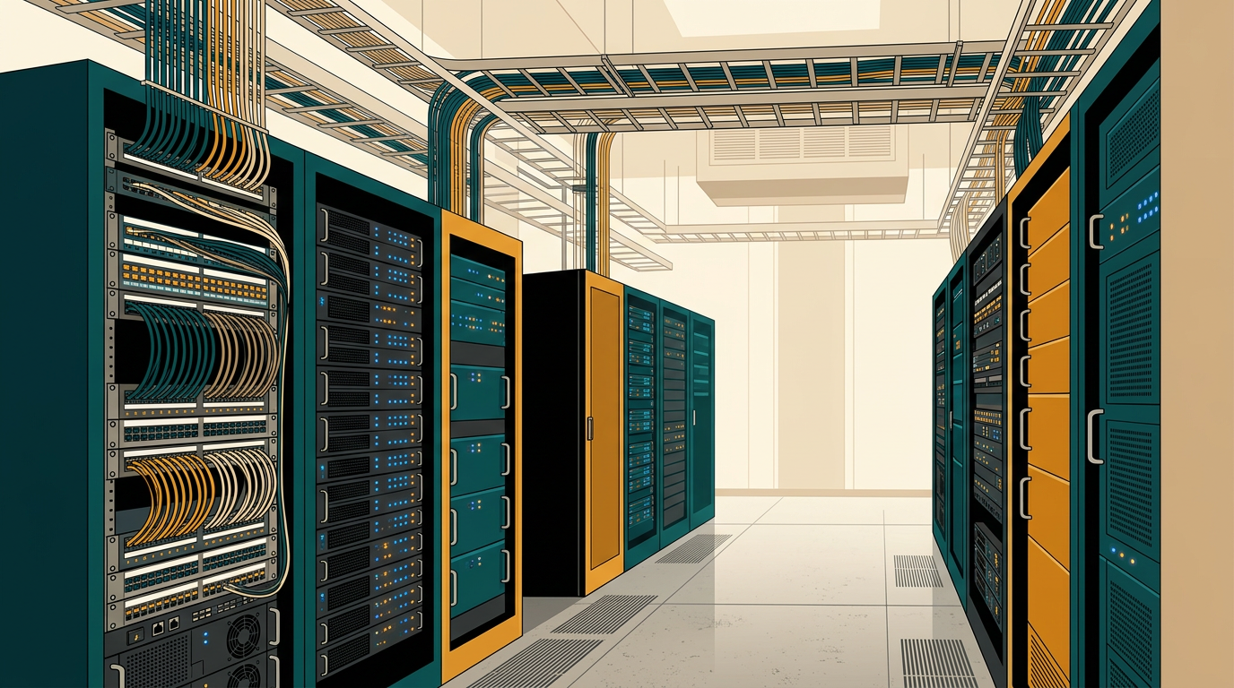 a clean technical server room with glowing blue server rack indicators and structured cabling in subtle lighting