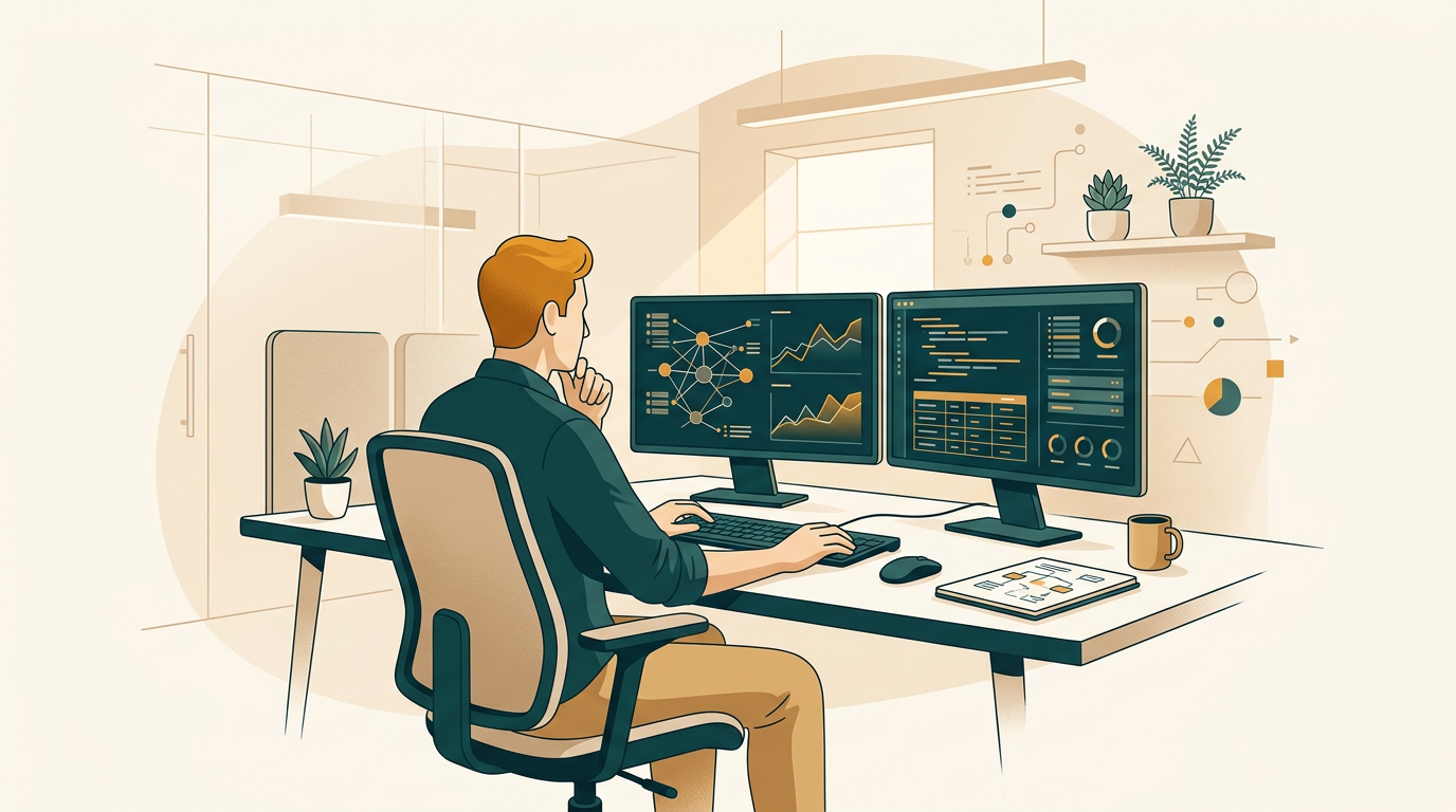 a focused database administrator working on dual monitors in a quiet modern office environment with warm architectural light