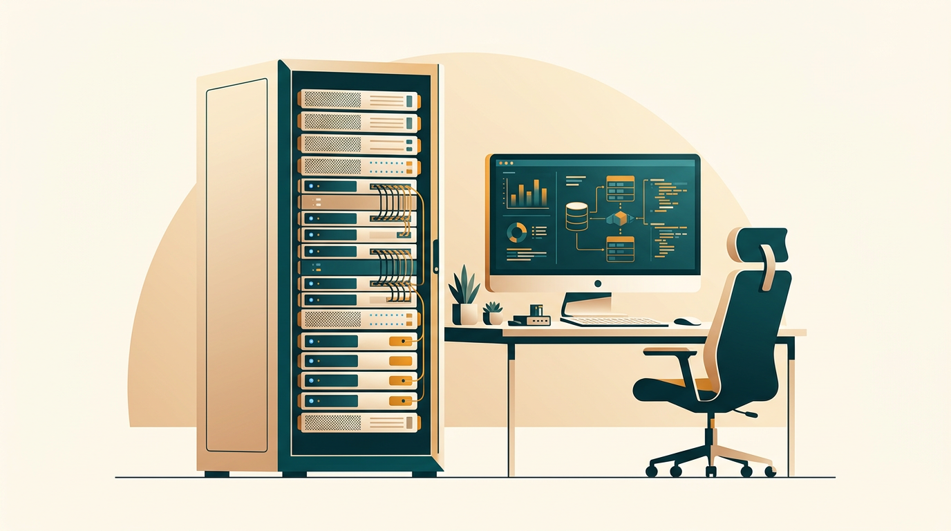 a clean technical server room rack with subtle blue indicator lights beside a high resolution database administrator workstation