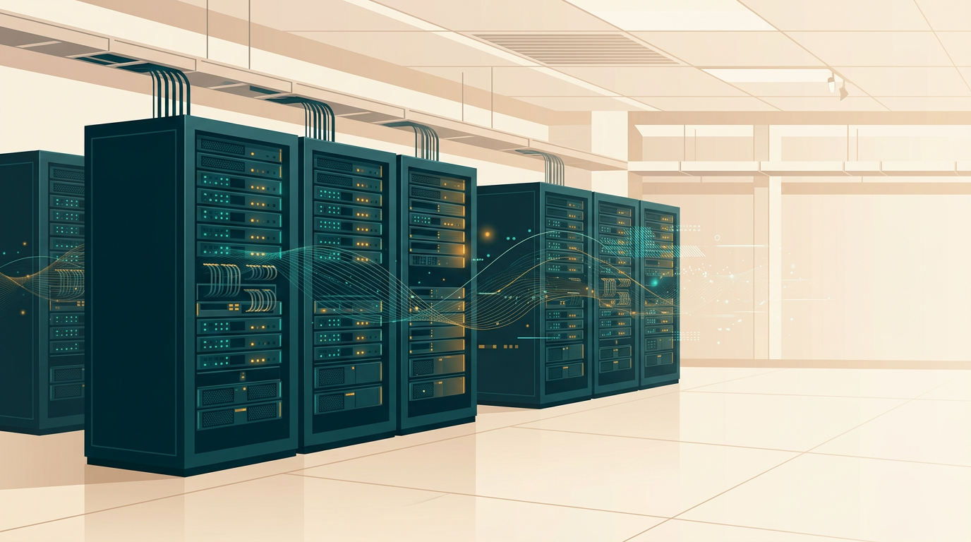 a clean technical server room interior with glowing server rack lights and data flow visual graphics, realistic minimal editorial photography