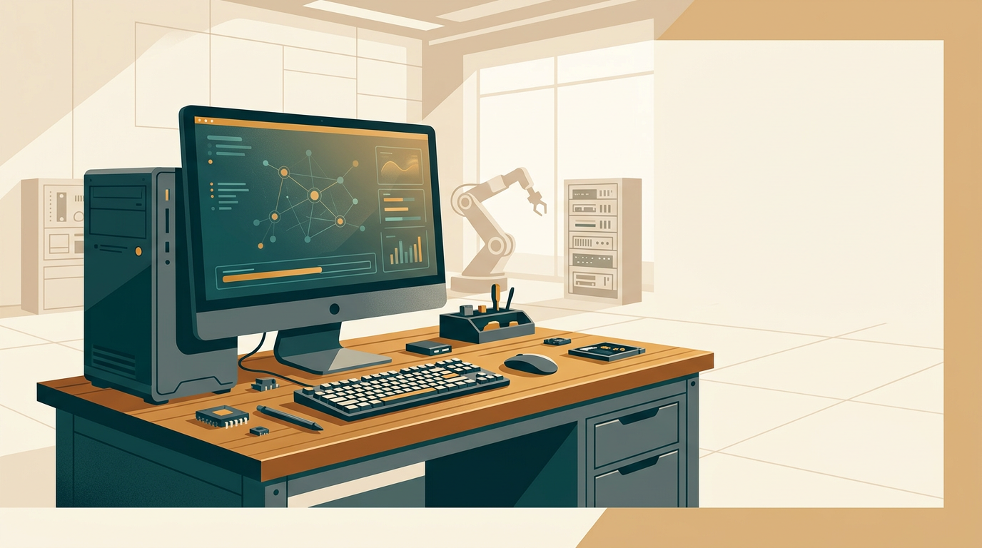 a robust desktop computer terminal on an industrial workbench in a clean modern production facility, subtle screen graphics, editorial photograph