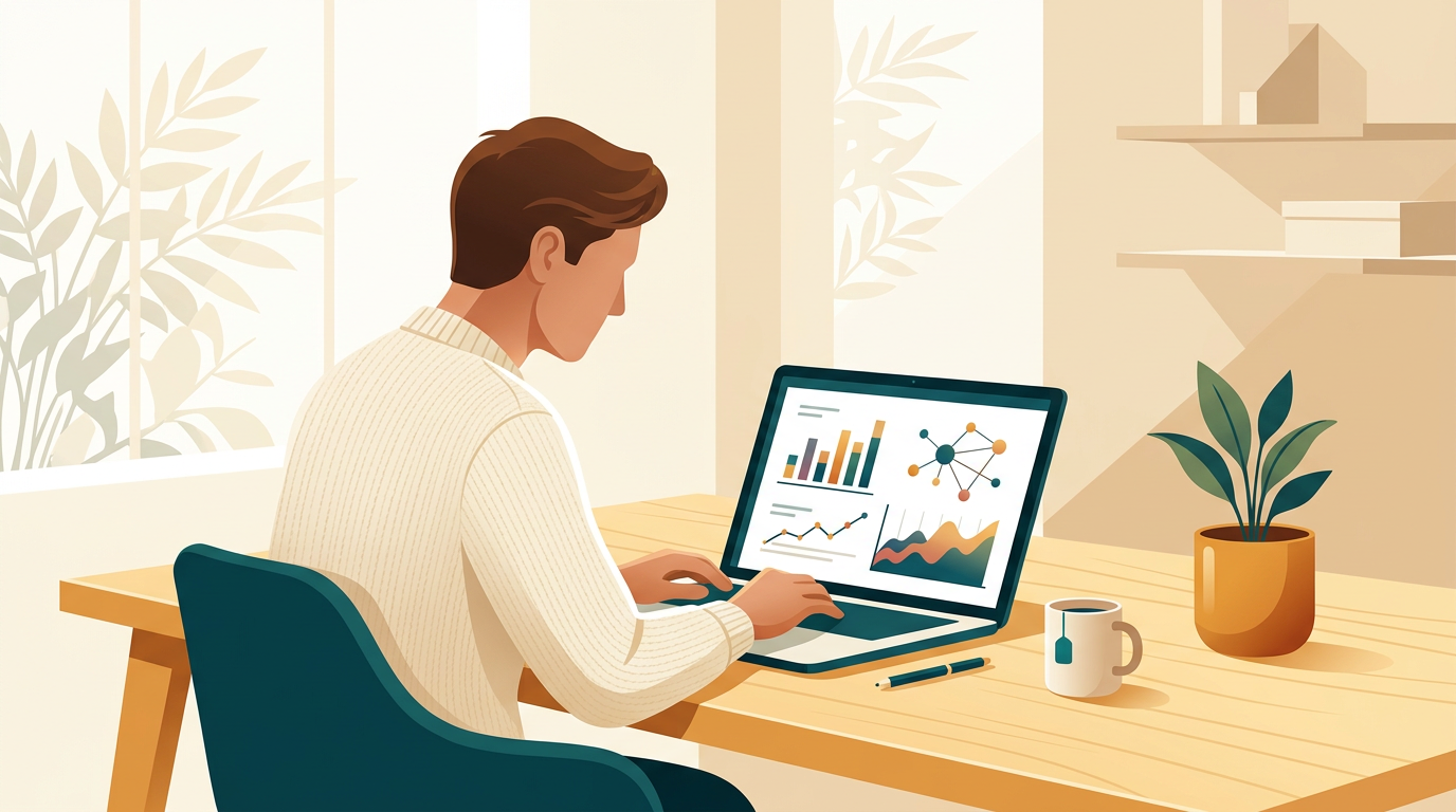 a focused professional working on a laptop at a bright timber desk with data charts displayed, editorial office composition