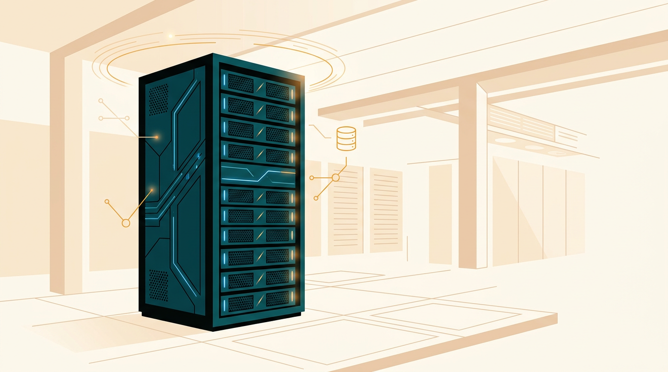 a high performance database server rack glowing with subtle blue status lights in a clean data center room