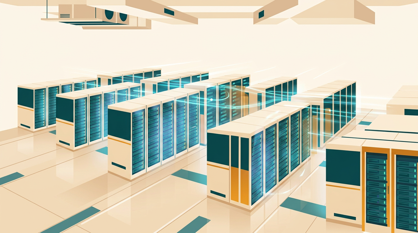 a clean technical enterprise server room with glowing server racks and modern blue data streams, minimal high angle view