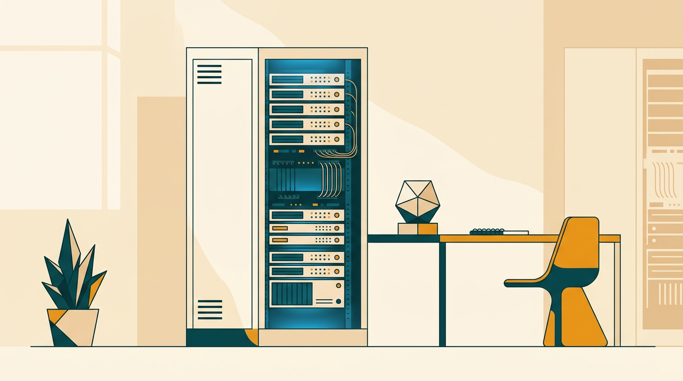 a sophisticated modern data center server rack with subtle blue ambient lighting and a clean tech workspace aesthetic