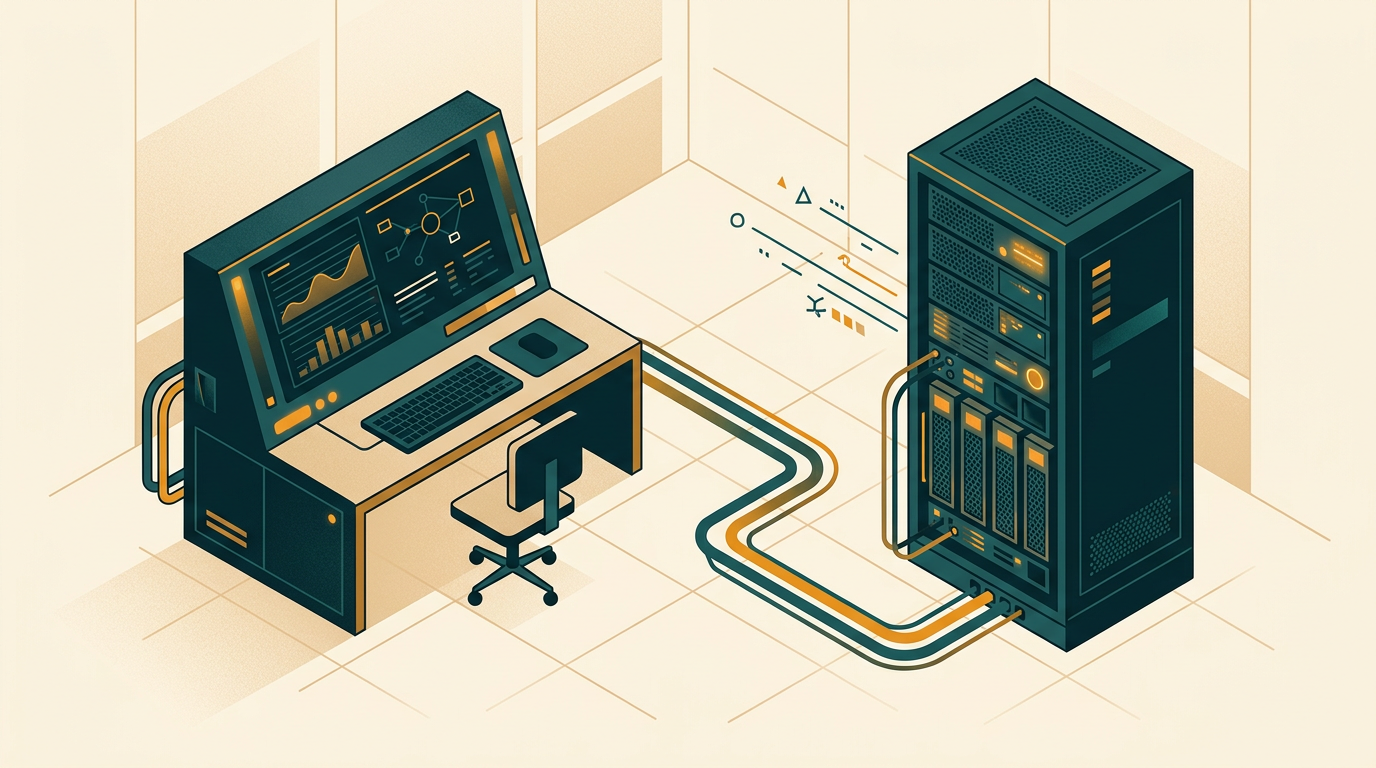 industrial workstation terminal connected to a database server cabinet in a clean network room, modern overhead view