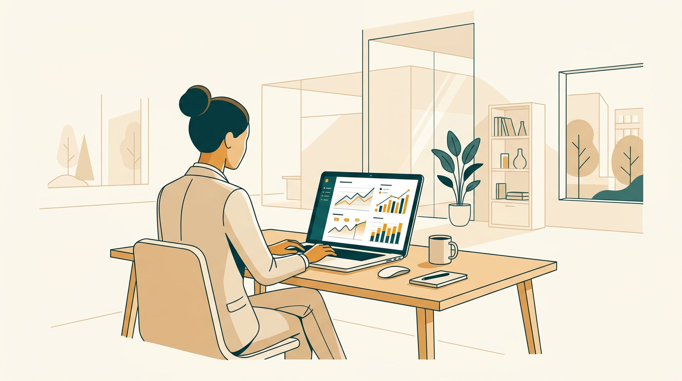 a professional analyst working on a modern laptop showing detailed data visualization graphs with a clean architectural office background