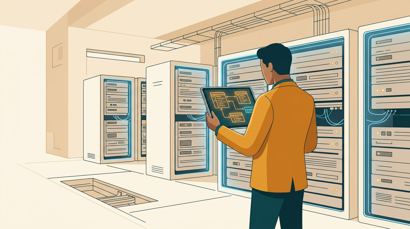 a clean server rack room with soft blue ambient lights and an engineer holding a tablet showing database architecture
