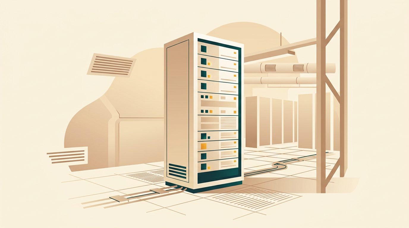 a clean modern server rack with glowing status indicators in a quiet temperature-controlled data center environment