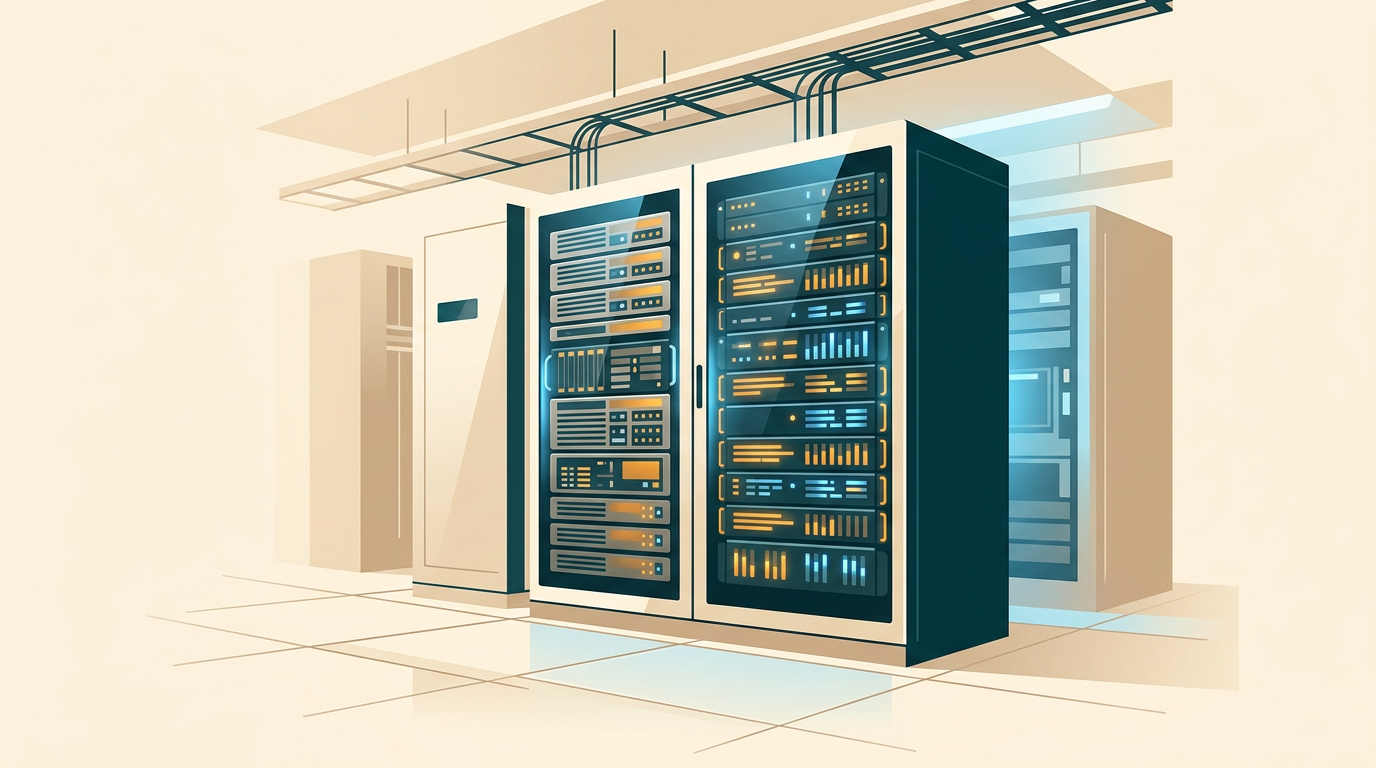 a high performance database server rack in a modern datacenter with glowing status indicators and cool blue ambient lighting