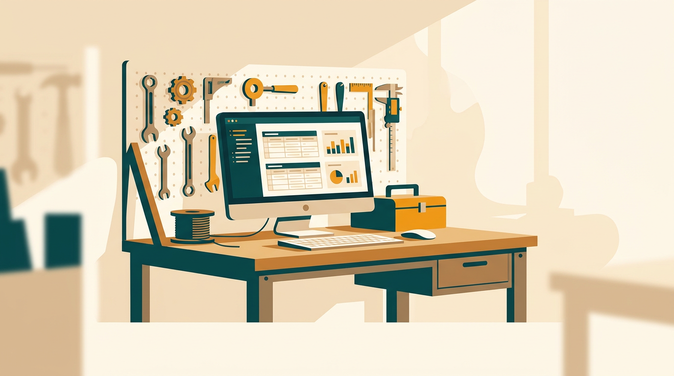 a bright industrial workshop workstation with a desktop computer showing database tables, mechanical tools resting nearby, ambient warm daylight