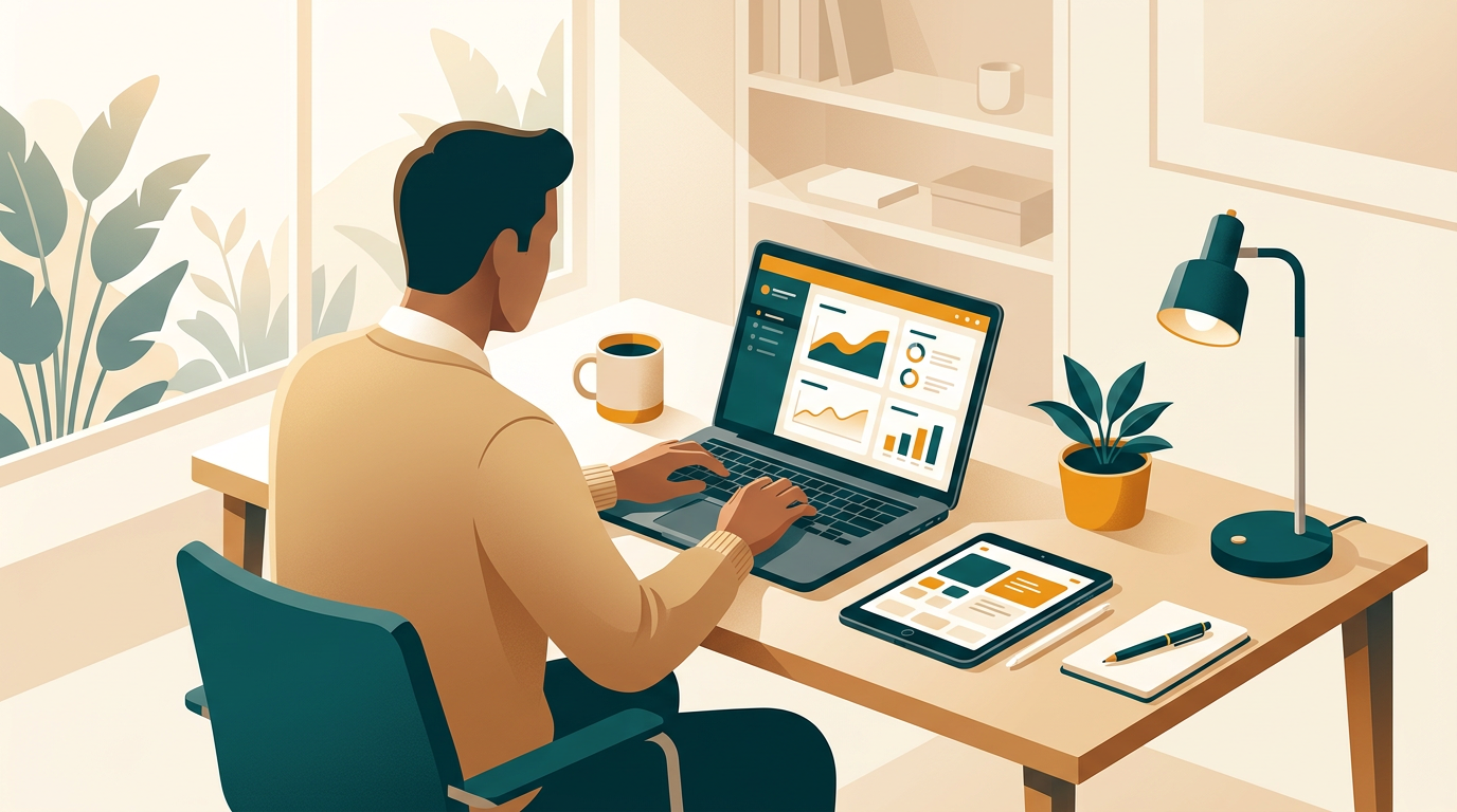 a focused professional using a sleek laptop and a tablet next to a clean desk setup with warm morning light