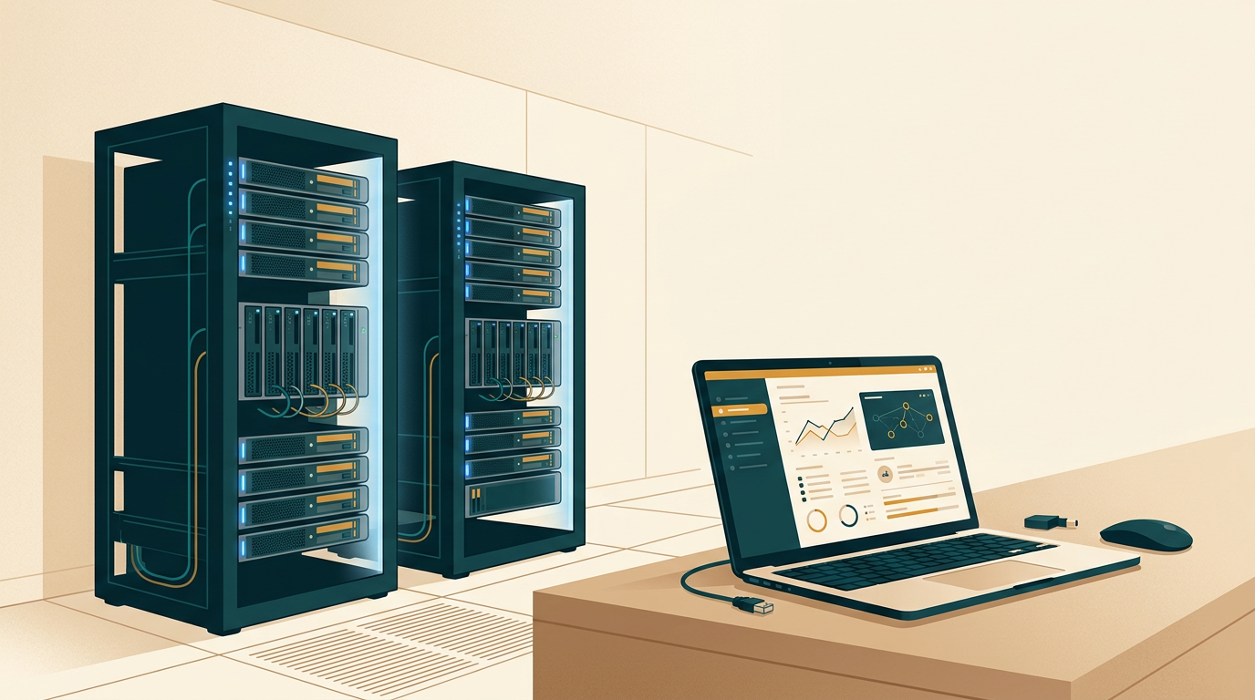 a modern enterprise server room with glowing blue server rack indicators beside an open administrator laptop screen
