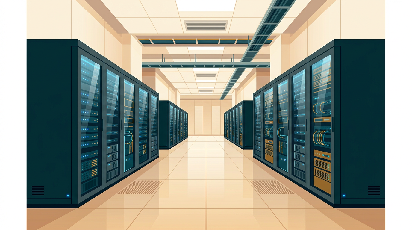 server room corridor with illuminated data center cabinets and blue indicator lights, clean perspective, sleek architecture