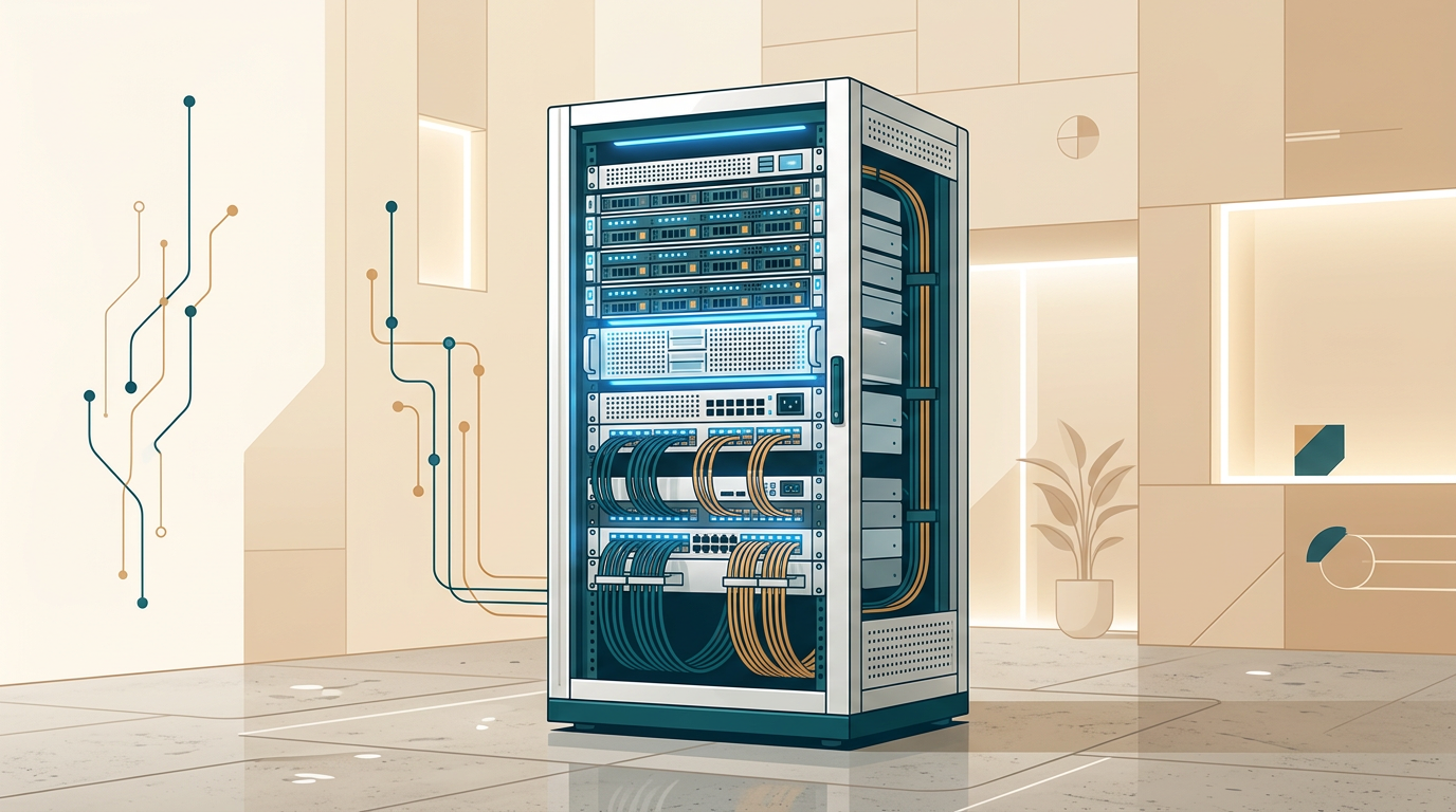 a clean technical server rack illuminated with soft blue led lights, data cables routed neatly, minimalist enterprise setting