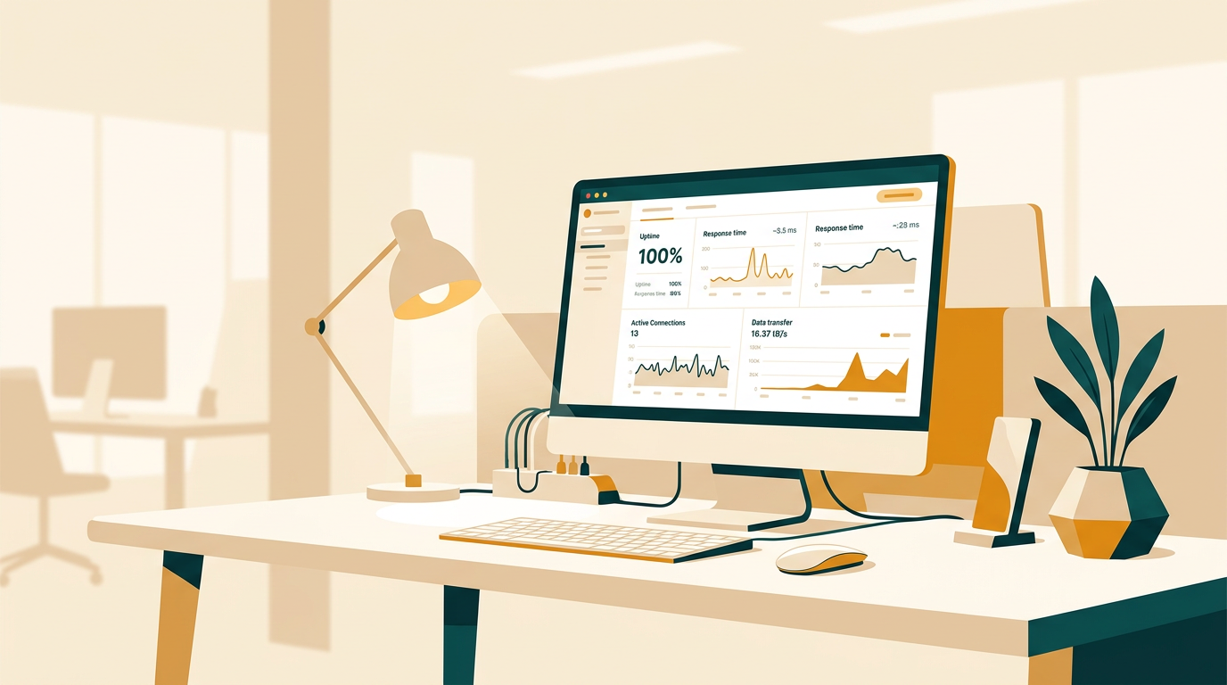 a bright industrial terminal screen showing database connection metrics in a clean workstation environment, soft shadows, editorial photography