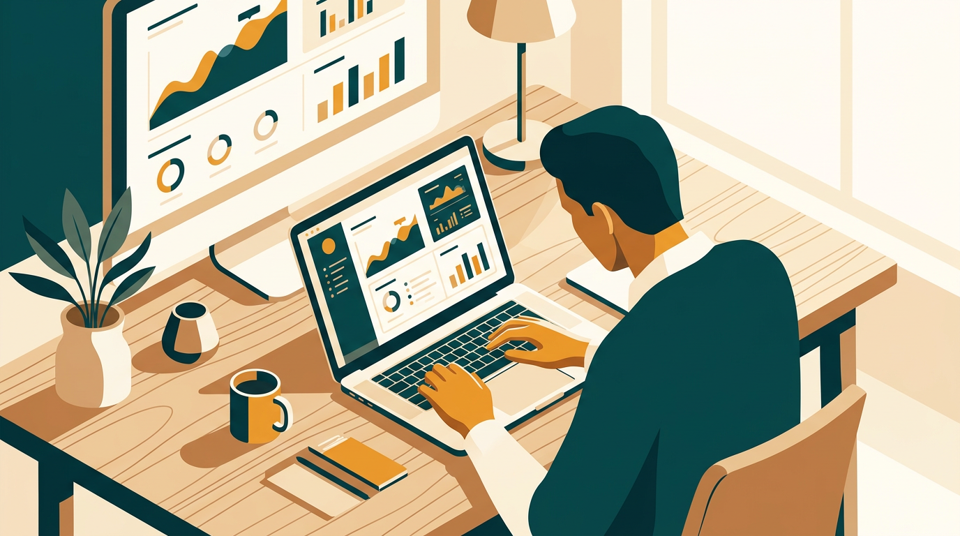 a focused professional working on a laptop at a modern wooden desk with analytical data charts, bright daylight, editorial photography