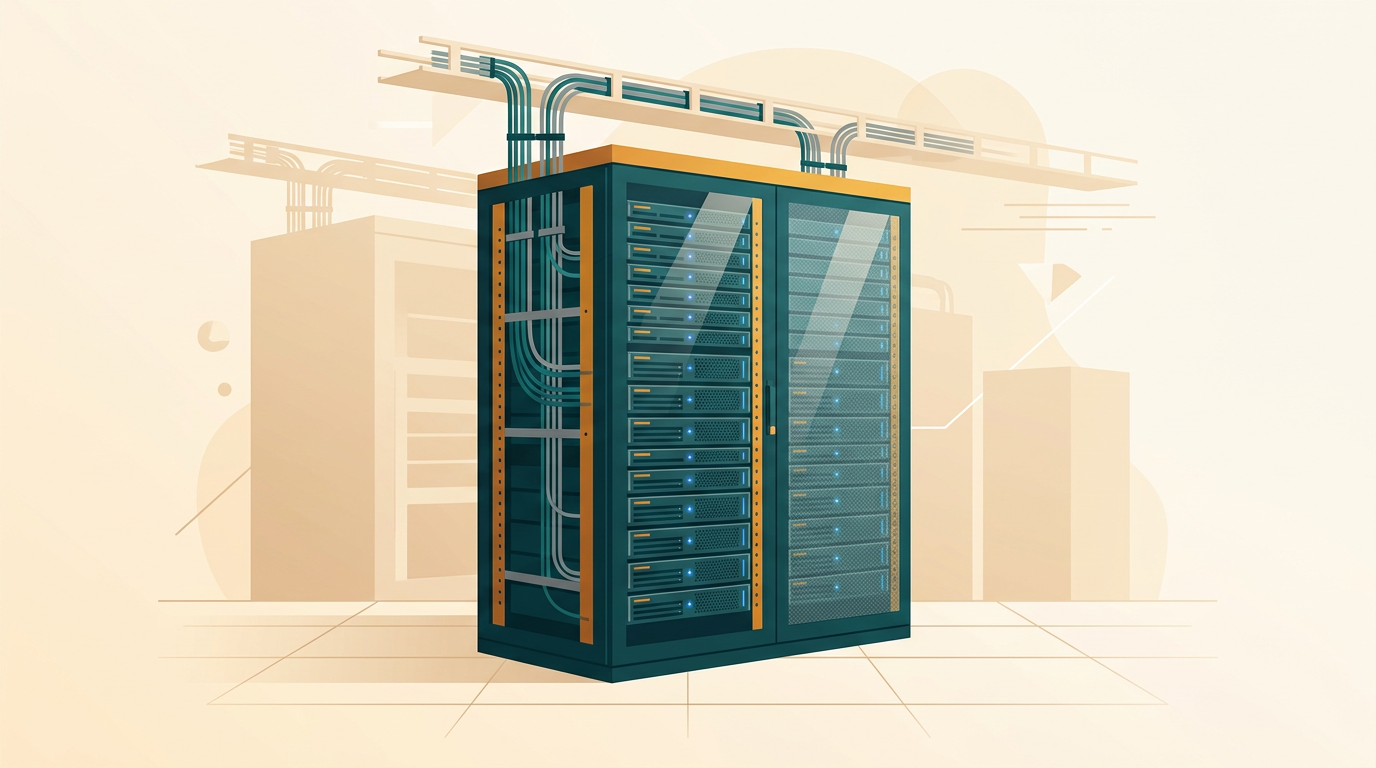 a clean modern server rack in a secure data center with subtle blue status indicators and sleek cable routing