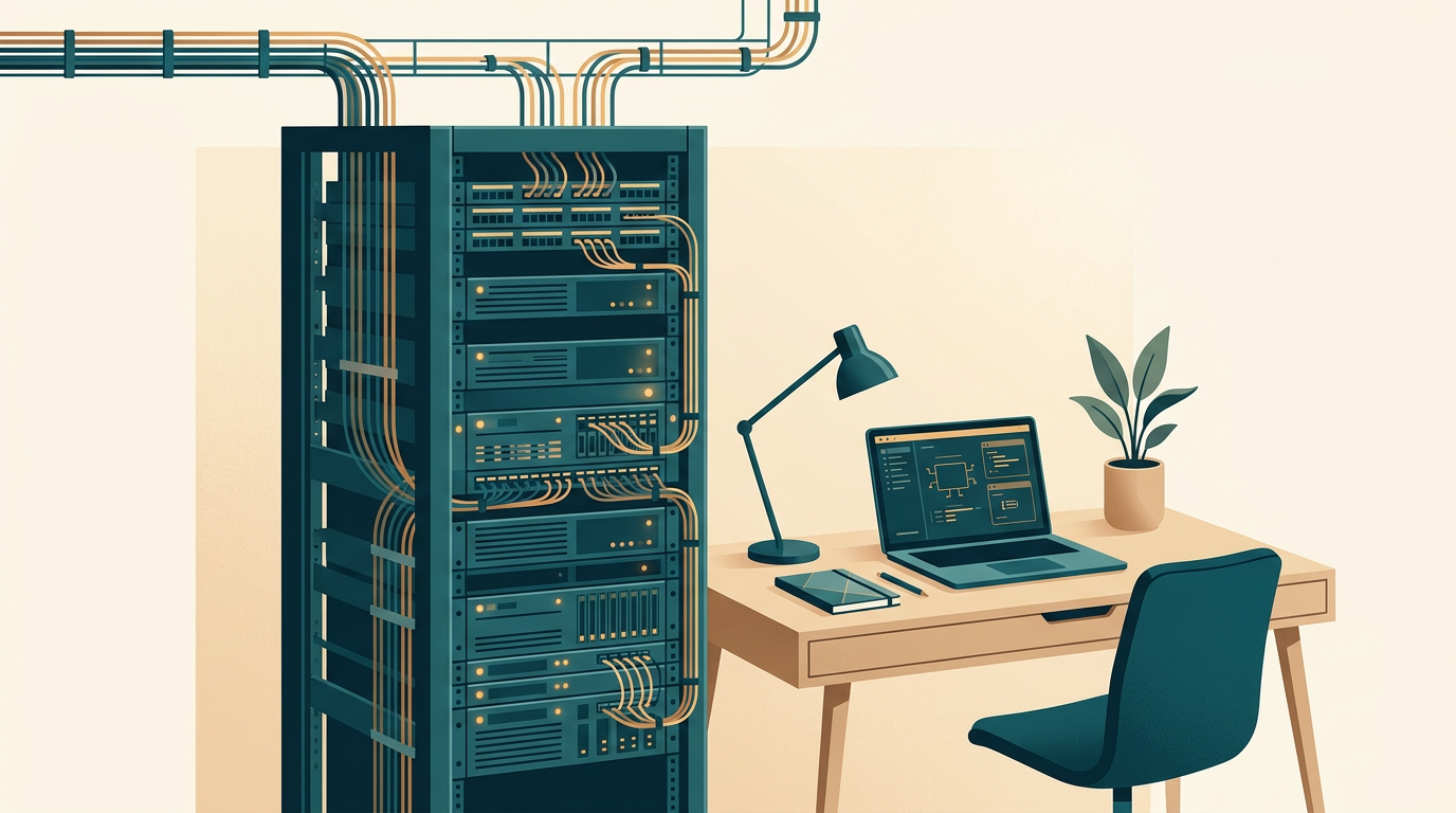 a professional server room rack with fiber cables next to a modern office desk with laptop, editorial photography style