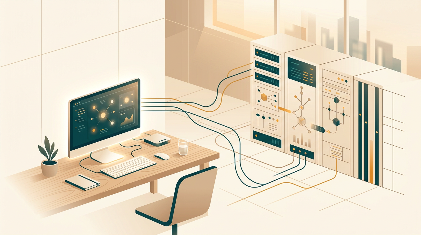 a modern workstation terminal on a wooden desk connected to server infrastructure, soft warm lighting, minimalist corporate setting