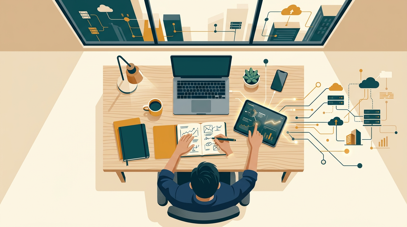 an employee using a notebook and tablet on a clean wooden desk connected to corporate network services, overhead shot