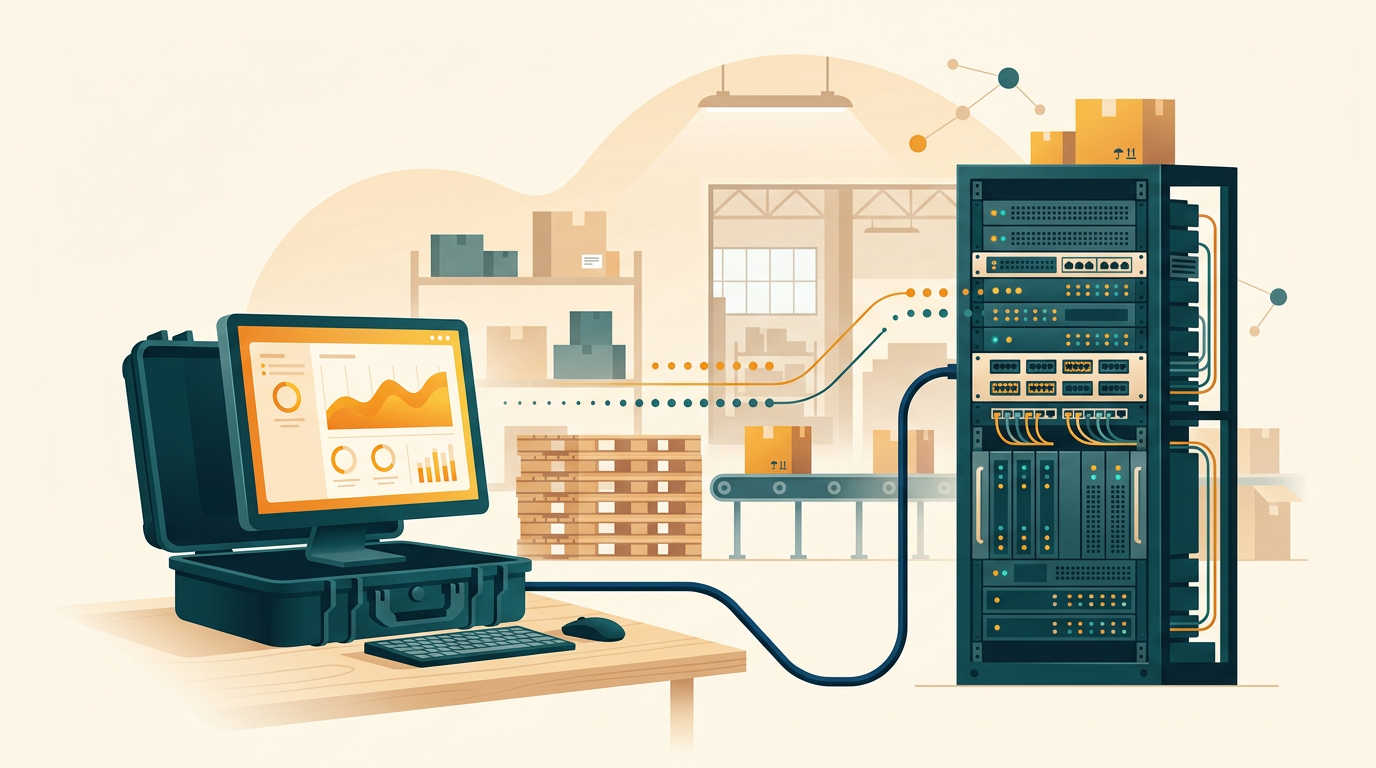 a modern industrial workstation computer in a logistics hub connected to a local enterprise server rack network, minimal editorial style